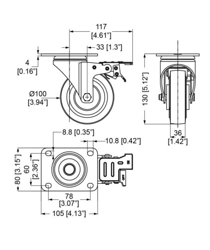 PENN ELCOM - W9007 - Rueda Giratoria Con Freno 100mm